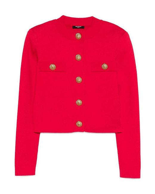 Balmain Red Buttoned Crewneck Cardigan