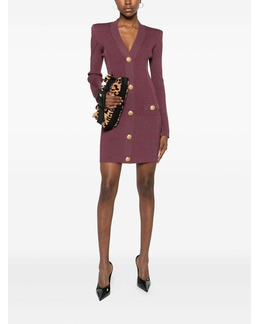 Balmain Purple V-Necked Short Dress