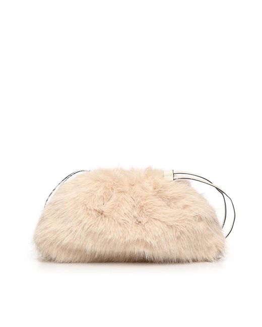 Pinko Natural Maxi Faux Fur Clutch With Logo
