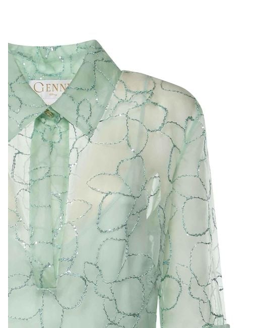 Genny Green Silk Organza Dress With Orchid Embroidery
