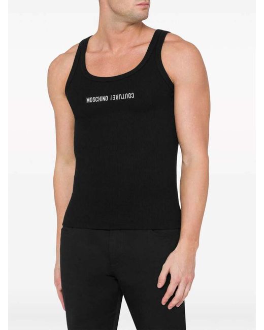 Moschino Black Ribbed Logo Embroidered Tank Top for men