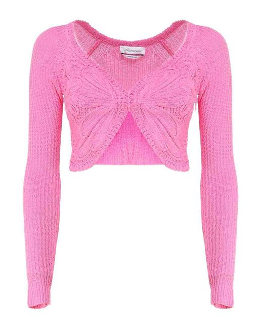 Blumarine Pink Cropped Cardigan With Butterfly Embroidery