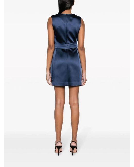 P.A.R.O.S.H. Blue Satin Pleated Belted Sleeveless Mini Dress