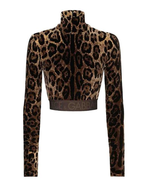 Dolce & Gabbana Black Chenille Turtle-Neck Top With Jacquard Leopard Design