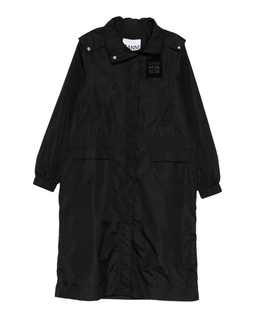 Ganni Black Flyweight Nylon Long Parka Print