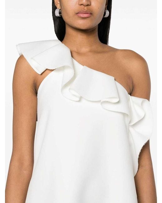 MSGM White One-Shoulder Ruffled Mini Dress