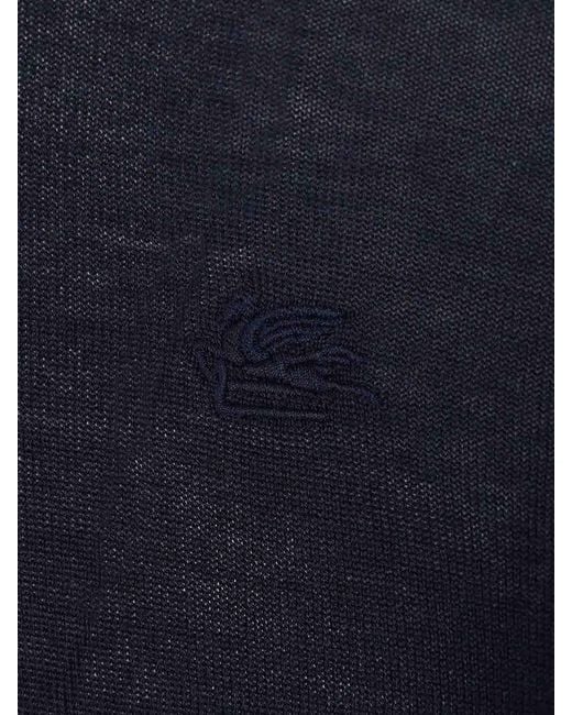 Etro Blue Wool And Silk Polo Shirt for men