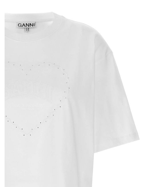 Ganni White Rhinestone Logo Embroidery T-Shirt