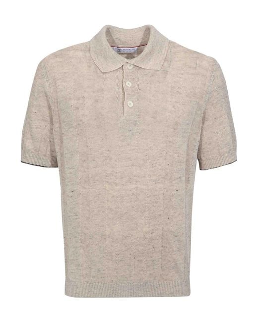 Brunello Cucinelli White Ribbed Polo Shirt for men