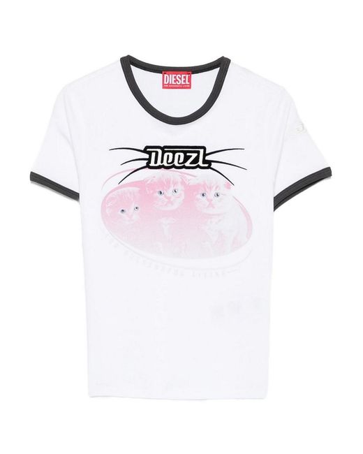 DIESEL White Cotton T-Shirt With Print And Contrasting Edges