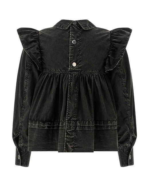 Ganni Black Washed Frill Blouse