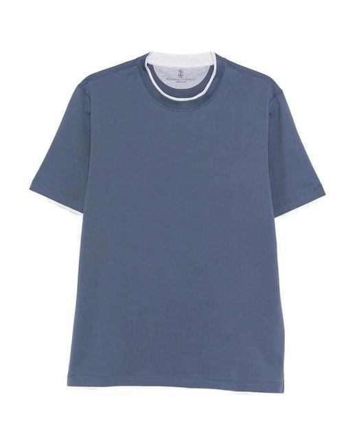 Brunello Cucinelli Blue T-Shirt With Faux-Layering for men