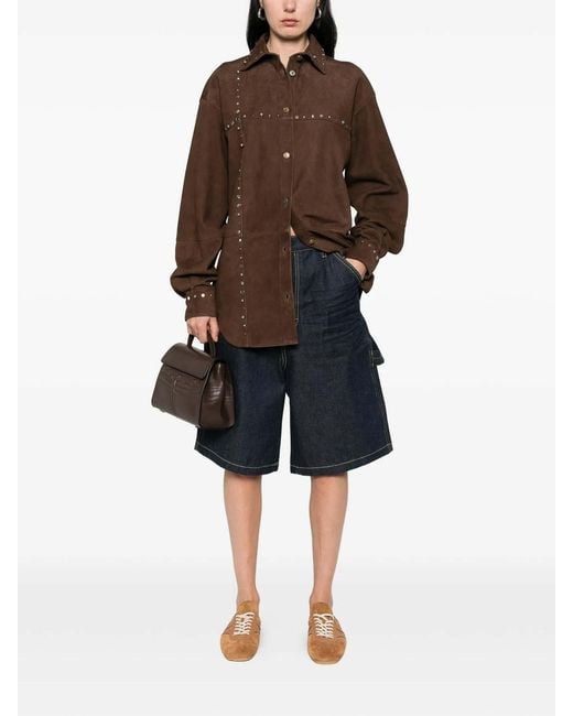 Moschino Brown Suede Shirt Pointed Collar Long Studded Sleeves