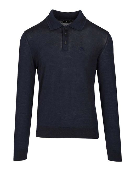 Etro Blue Wool And Silk Polo Shirt for men