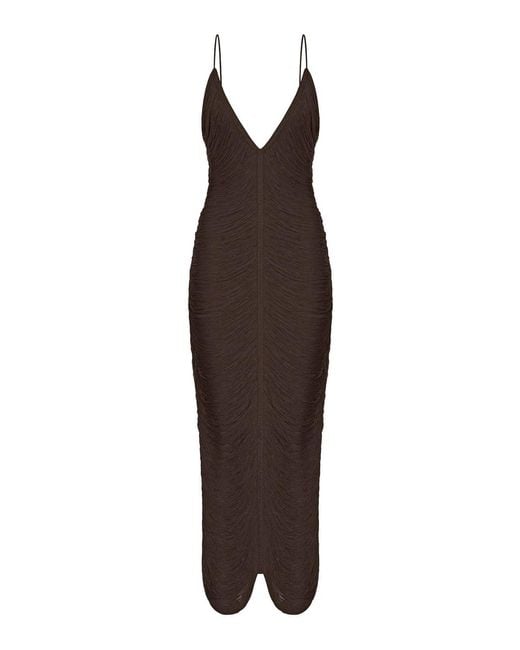 Bless Brown Long Sol Dress With Fringes And V-Neck