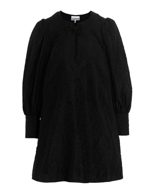 Ganni Black Taffeta Dress With All-over Jacquard