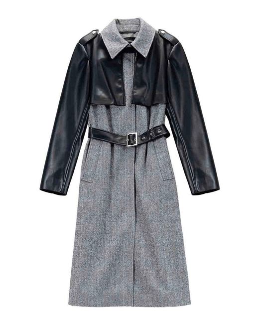 Karl Lagerfeld Gray Tweed & Faux Leather Coat