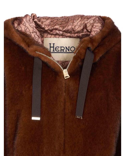 Herno Brown Faux Fur Jacket With Hood