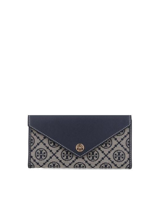 Tory Burch Blue Leather And T Monogram Fabric Wallet