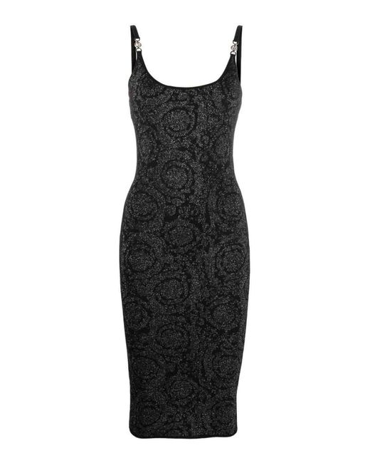 Versace Black Barocco Texture Knit Midi Dress