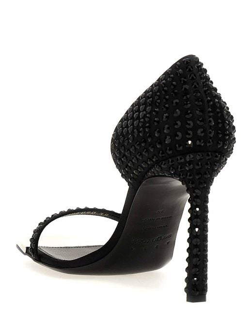 Sergio Rossi Black Area Dagger Satin Sandals With Rhinestone