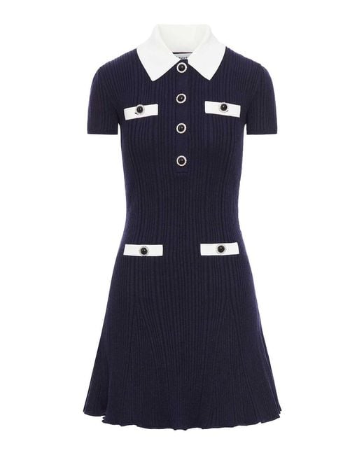 Self-Portrait Blue Mini Knitted Dress With Contrasting Collar