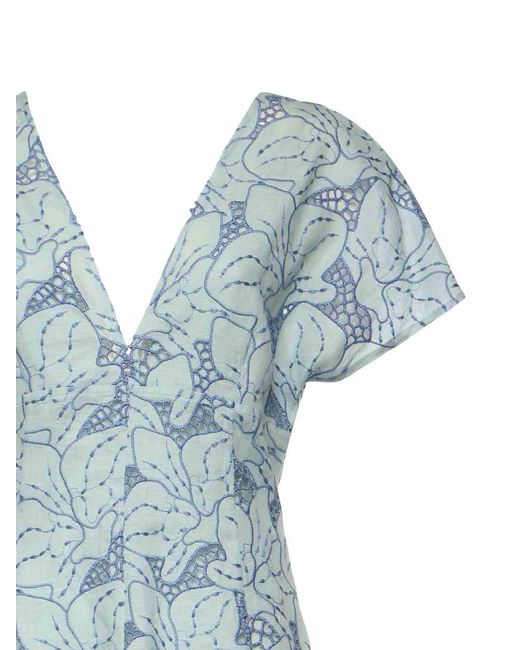 Genny Blue Linen Dress With Orchid Embroidery