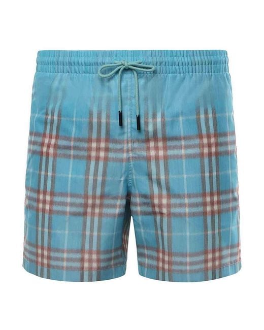 Burberry Blue Swim Trunks With A Faded Check Pattern for men