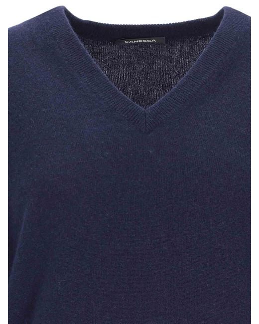 Canessa Blue Ribbed V-Neck Cashmere Sweater