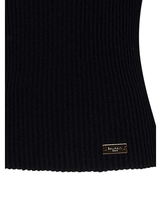 Balmain Black Extrafine Merino Wool Crewneck Top