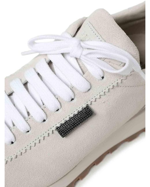 Brunello Cucinelli White Suede Runners With Shiny Tab
