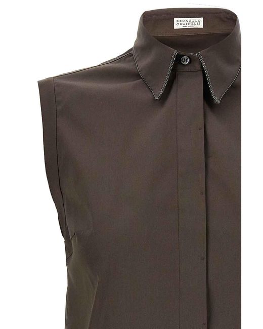 Brunello Cucinelli Brown Collared Sleeveless Shirt Stitch Detailing