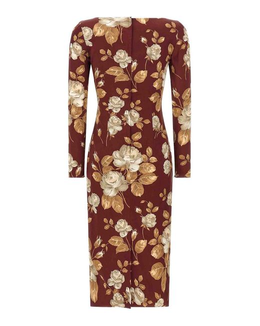Dolce & Gabbana Multicolor Vintage Rose Print Satin Midi Pencil Dress