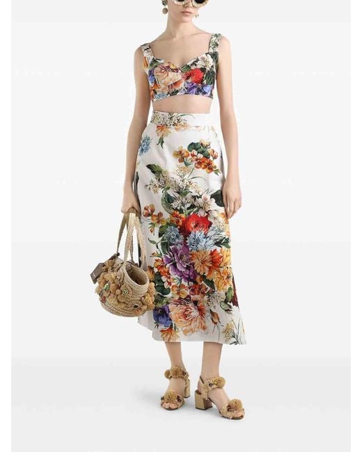 Dolce & Gabbana White Flower Bouquet Print Midi Skirt
