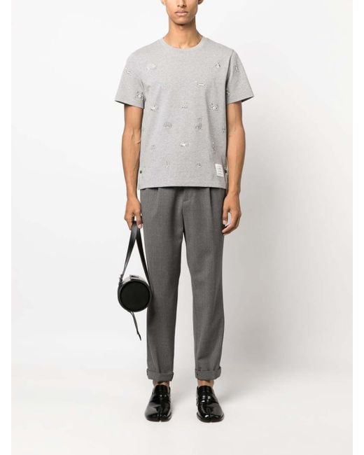 Thom Browne Gray Embroidered Cotton T-shirt for men