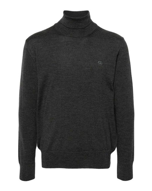 Etro Black Turtleneck Sweater With Pegasus Embroidery for men