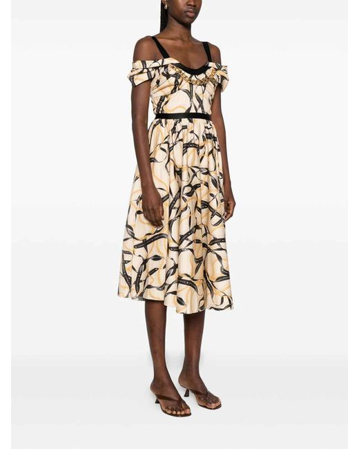 Elisabetta Franchi White Printed Midi Dress With Ruffle Details