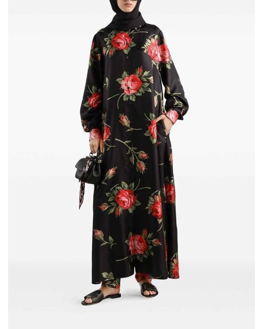 Dolce & Gabbana Red Rose Bouquet-Print Long Twill Dress