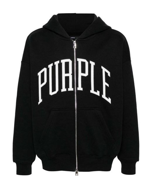 Purple Brand Black Logo Cotton Full Zip Hoodie for men
