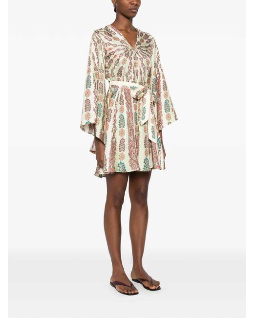 Etro Natural Cream Silk Mini Dress With All-Over Placed Floral Paisley Print With Belt