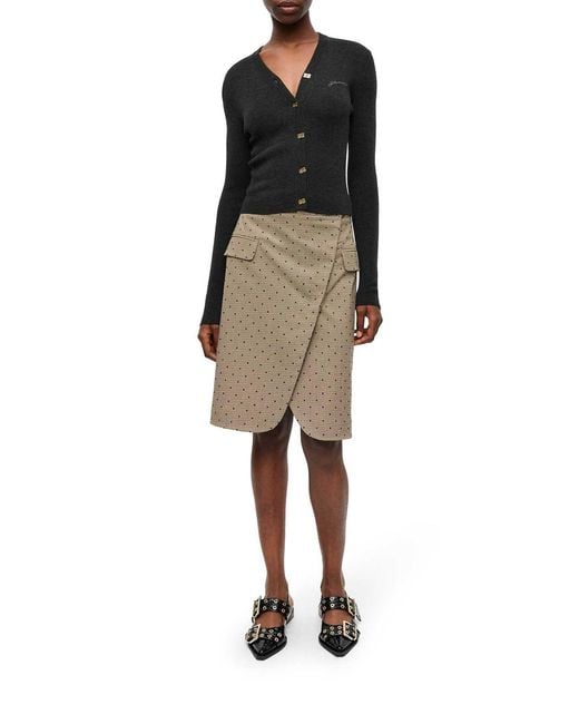 Ganni Blue Wool Cardigan With Embroidered Logo