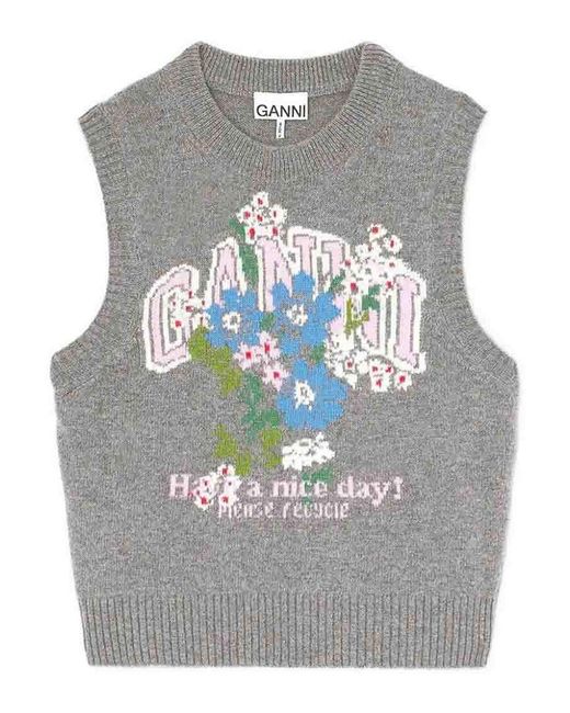 Ganni Gray Graphic Wool Vest Flowers