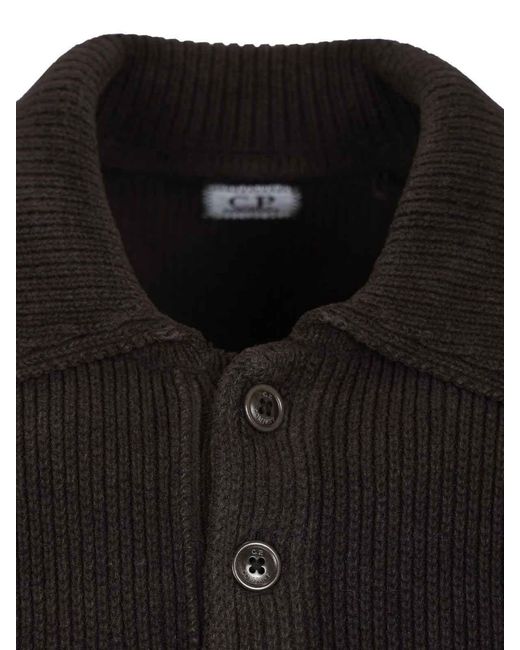 C P Company Black Polo Sweater Made Of Cotton Chenille for men