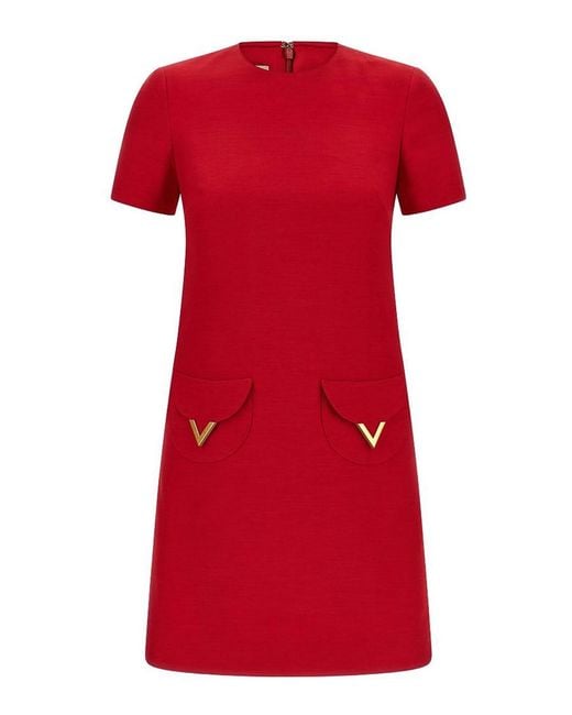 Valentino Garavani Red Vlogo Signature Wool And Silk Dress