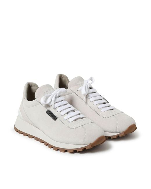Brunello Cucinelli White Suede Runners With Shiny Tab