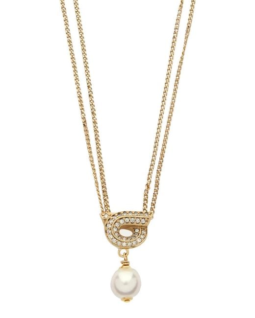 Ferragamo White Gancini Pearl And Crystals Necklace