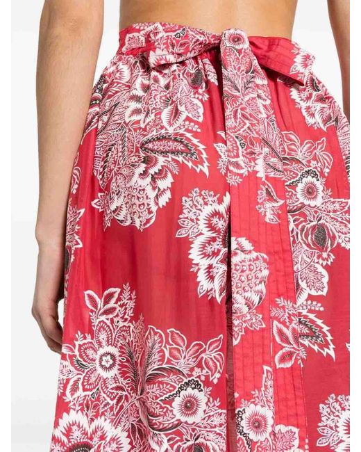 Etro Red Brick Floral Print Pleated Tie Skirt