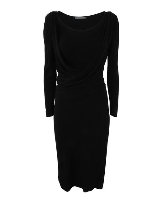 Alberta Ferretti Black Long Sleeves V Neck Midi Dress Clothing