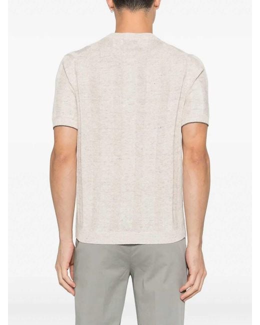 Brunello Cucinelli White Textured Rib Knit T-Shirt With Henley Collar for men