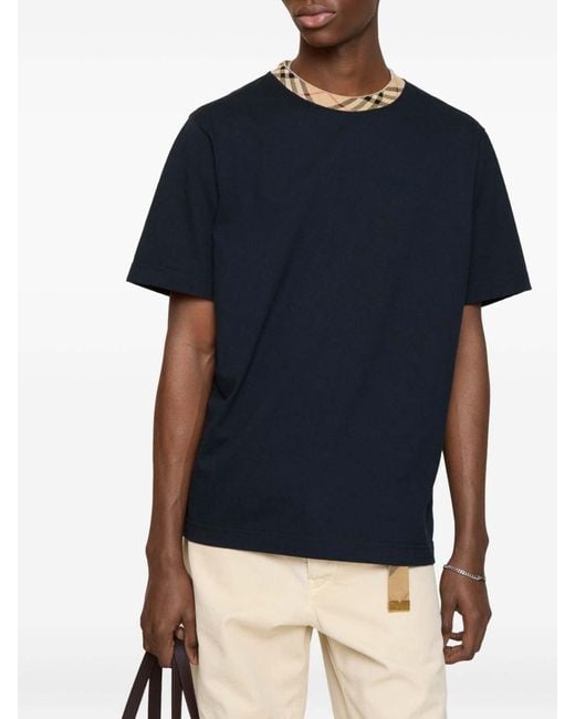 Burberry Blue Check Motif Cotton T-Shirt for men